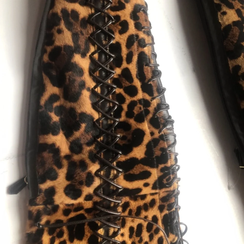 Brian Atwood Belle Cheetah Leapoard Leather CalfHair LaceUp Thigh Boots NEW 38 - Picture 4 of 11